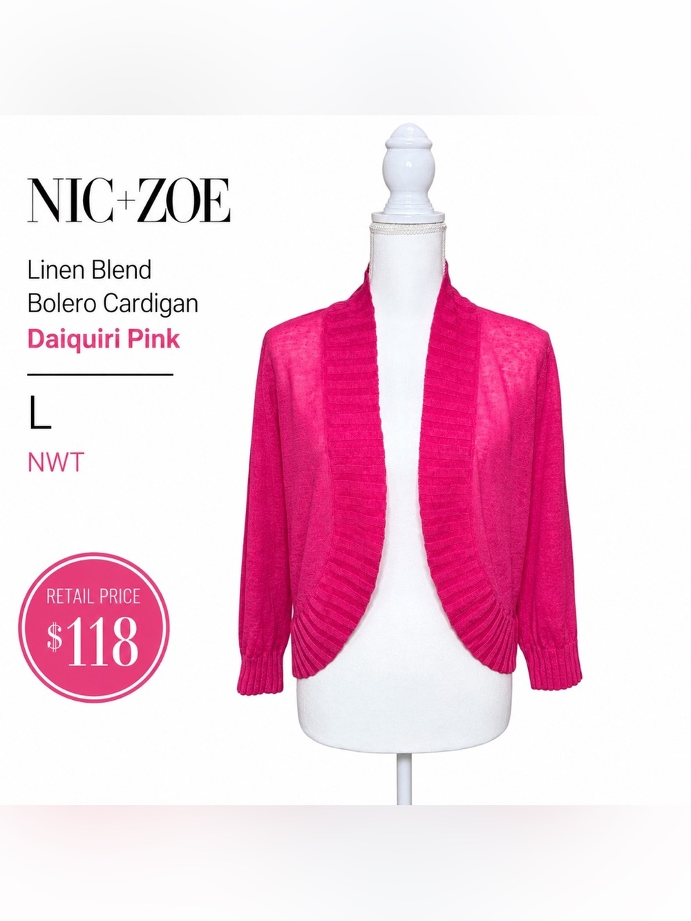 NIC+ZOE NWT Linen Blend Bolero Cardigan
Daiquiri Pink L